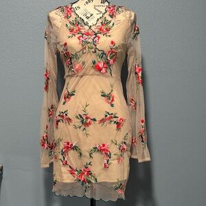 Guess Mini Dress Long Sleeve Nude w Embroidered Pink and Green Flowers
